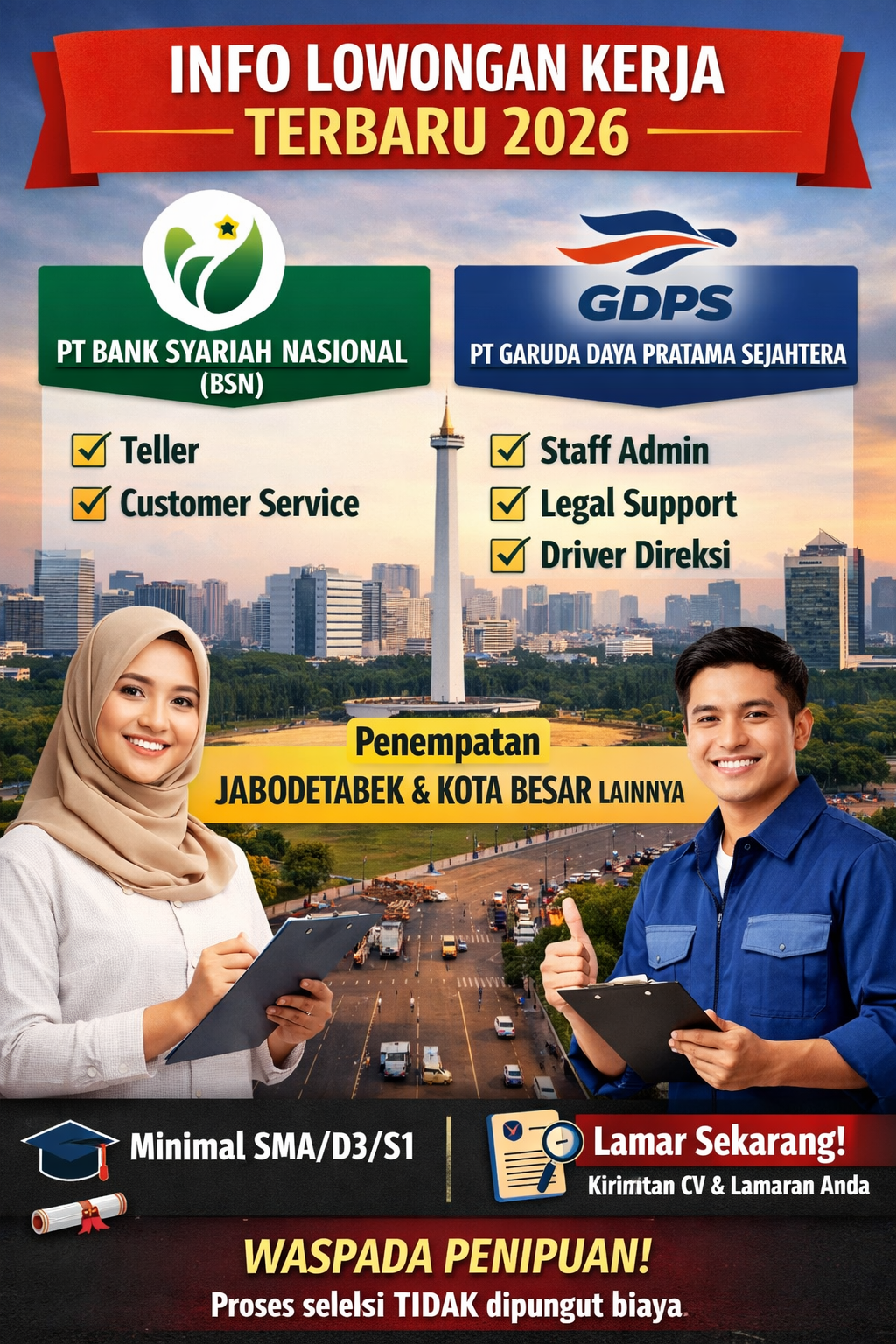 Info Lowongan Kerja Terbaru: PT Bank Syariah Nasional & Garuda Daya Pratama 2026