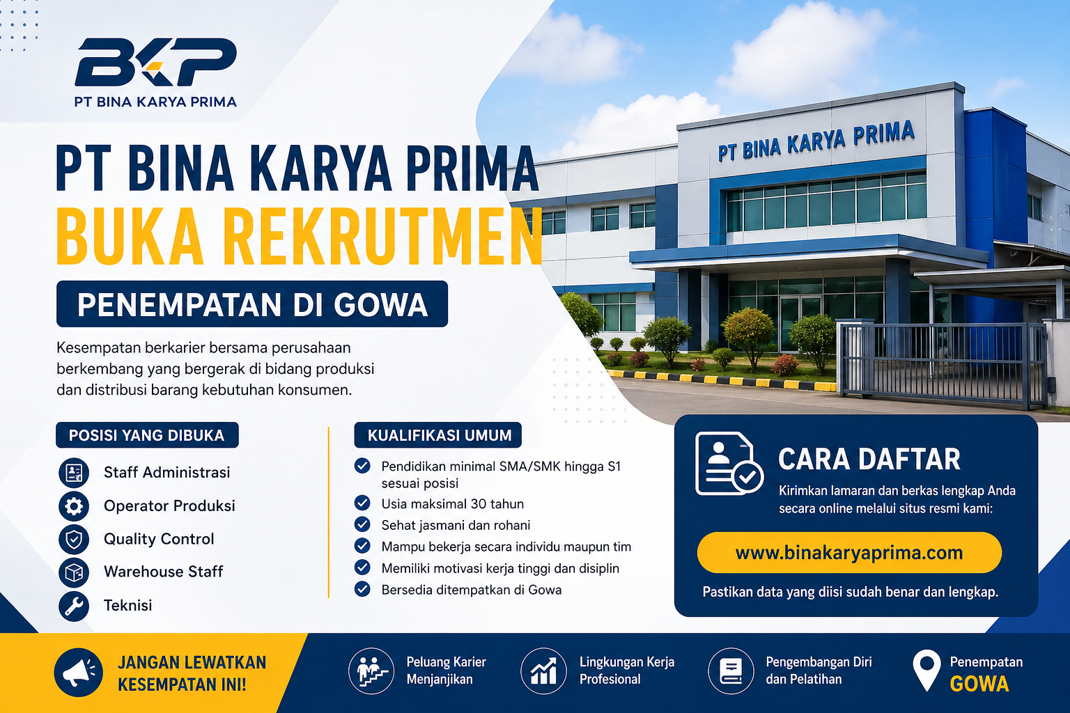 PT Bina Karya Prima Buka Rekrutmen di Gowa, Simak Syarat dan Cara Daftarnya