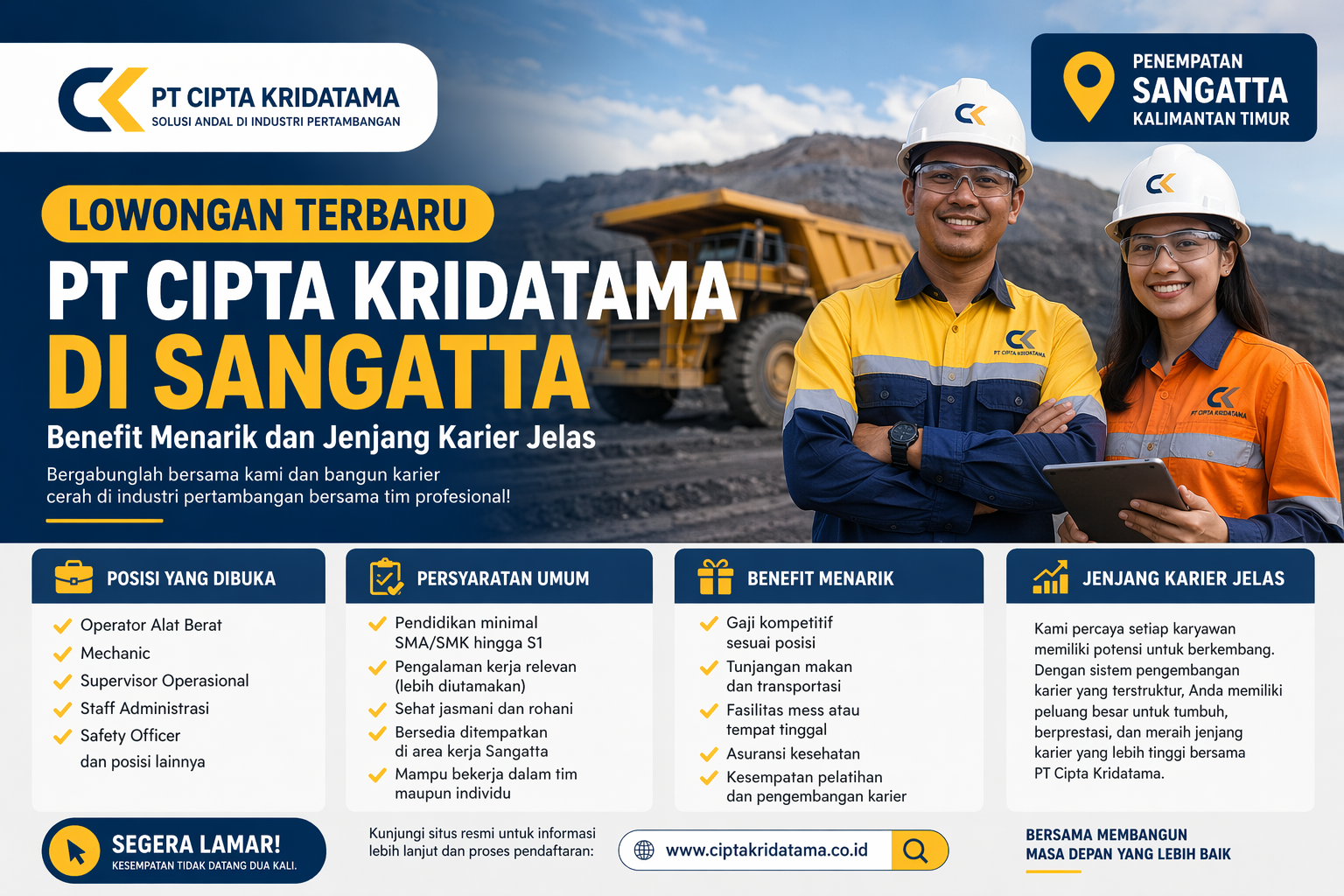 Lowongan Terbaru PT Cipta Kridatama di Sangatta: Benefit Menarik dan Jenjang Karier Jelas